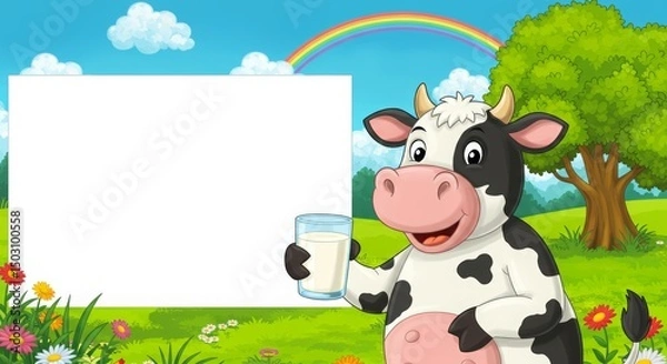 Fototapeta cartoon smiling cow holding a glass of milk plain gradation background, there is a blank space for writing on the side, suitable for children and family products, Illustration, digital painting with b