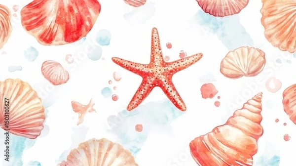 Fototapeta Watercolor Seashells and Starfish Summer Pattern