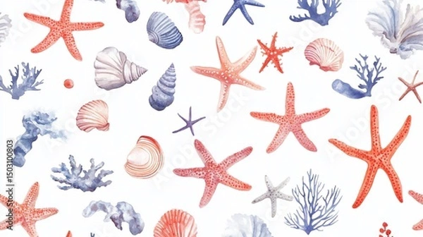 Fototapeta Sea Star and Seashell Watercolor Seamless Pattern