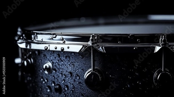 Fototapeta Dark Metallic Drum Closeup: Water Droplets on Drum Shell
