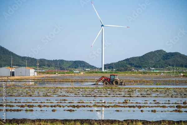 Fototapeta Red Tractor in Flooded Paddy with Reflecting Wind Turbine