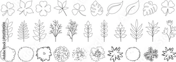 Obraz Leaf outline, tree top, and foliage icon set ideal for botanical design, landscaping plans, or nature illustration. hand drawn leaf shapes, top view shrubs, and floral vector graphics.