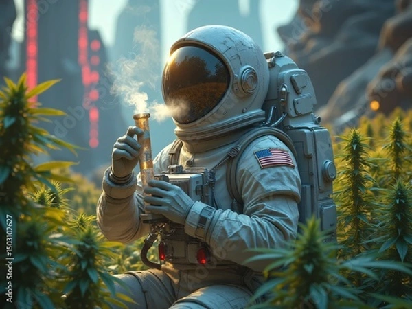 Obraz Astronaut in Futuristic Landscape Holding Flask Among Cannabis Plants