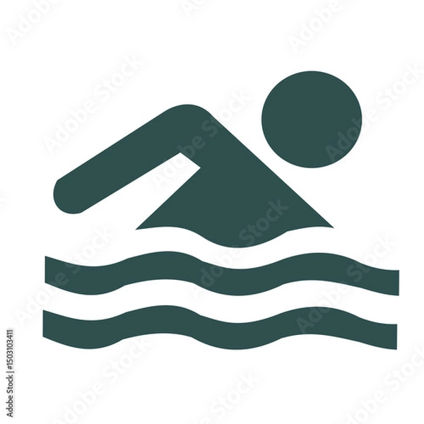 Fototapeta Simple flat design icon of a swimmer in water, shown in side profile with stylized waves. Represents swimming or aquatic activities.