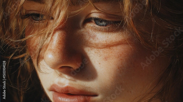 Obraz Close-up portrait of a young woman with freckles and natural light.