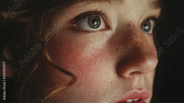 Obraz Close-up Portrait of a Freckled Face with Blue Eyes.