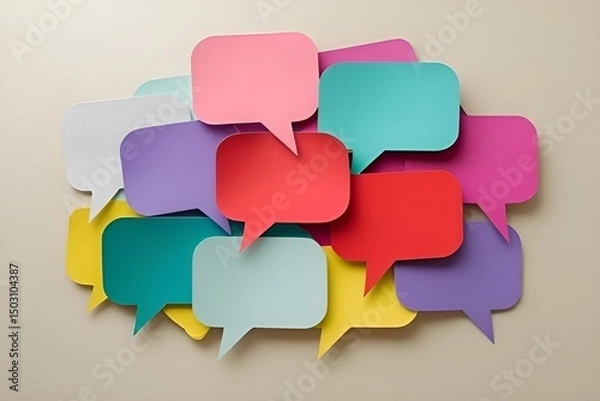 Obraz Colorful Paper Speech Bubbles Stack on Beige Background – Minimal Flat Lay Design