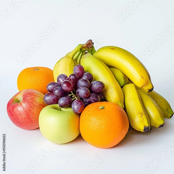 Fototapeta A pile of bananas, apples, and oranges on a white background, with grapes in the middle. The fruit is arranged from top to bottom