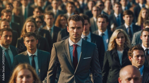 Fototapeta A determined man in a suit goes against the crowd. One against all. The concept of force against the flow of people