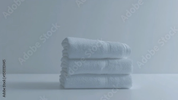 Fototapeta Stack of pristine white towels ready for spa or bathroom use with soft look