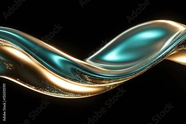 Fototapeta Gold and teal metallic fluid flows together elegantly against a dark, contrasting background