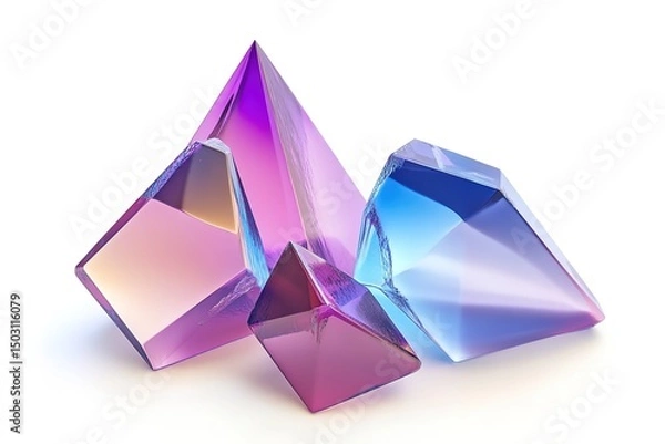 Fototapeta Iridescent crystals display an array of purple and blue hues against a clean, bright background