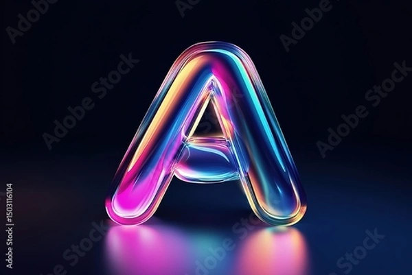 Fototapeta Iridescent letter A glows on a dark surface, reflecting colorful light beautifully