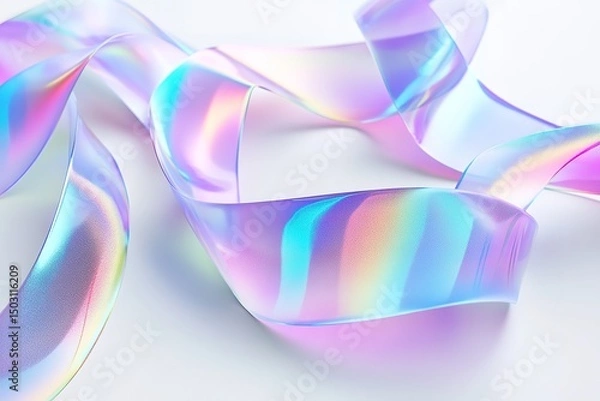 Fototapeta Iridescent ribbon gracefully twists and curves against a clean white backdrop, showcasing its shimmering surface