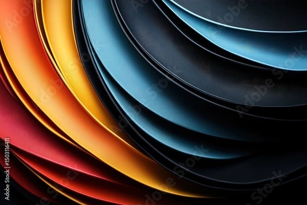 Fototapeta Layers of textured red, yellow, orange, blue, and black surfaces subtly curve inwards