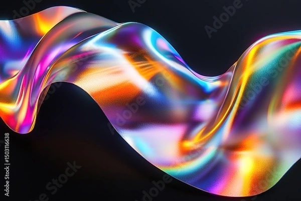 Fototapeta Luminous holographic ribbon curves and ripples on a dark backdrop creating a vibrant colorful flow