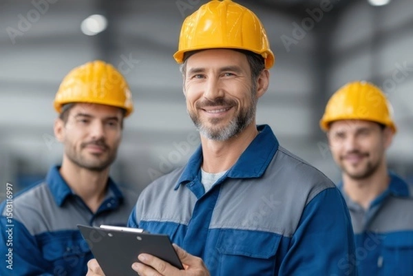 Fototapeta Confident Foreman and Team: Industrial Portrait in a Factory Setting