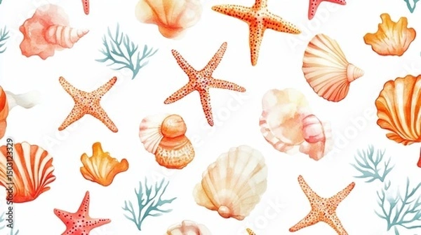 Obraz Watercolor Seamless Pattern Featuring Seashells and Starfish on White Backdrop