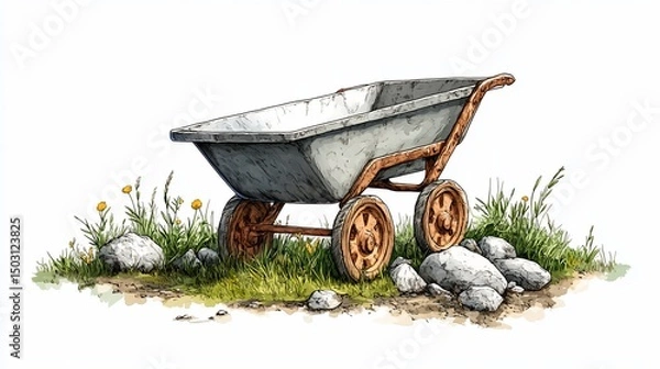 Obraz Rustic wheelbarrow in a meadow illustration with rocks and wildflowers