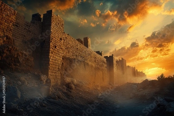 Obraz Crumbling walls of the ancient fortress of Jer stand against a dramatic sunset with vibrant clouds illuminating the historical site