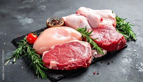 Fototapeta Elegant Assortment of Raw Meats and Poultry on Black Slate