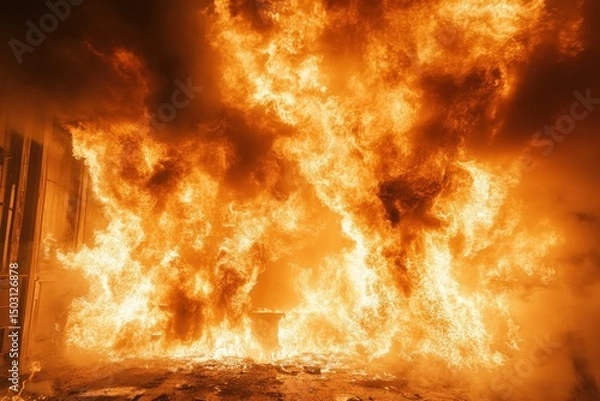 Fototapeta Data center engulfed in flames during a nighttime blaze showcasing the devastating impact of fire on technology infrastructure
