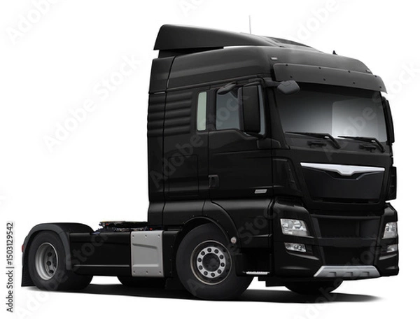 Fototapeta A modern European truck is completely black. Front side view isolated on white background.