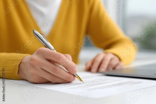 Fototapeta Close-up of Hand Signing Document: Silver Pen, Yellow Sweater, Serene Mood