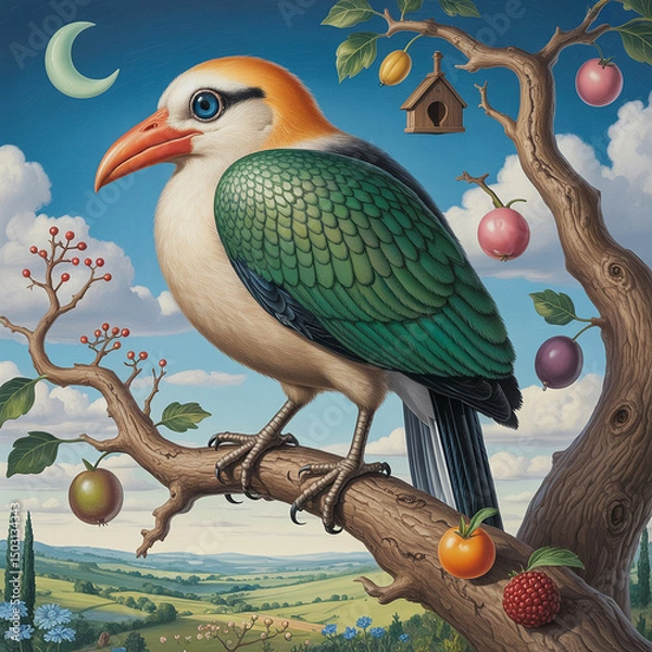 Fototapeta Surreal Illustration of a Colorful Bird Perched on a Branch with Fruit and a Birdhouse