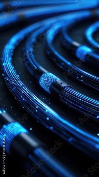 Obraz Fiber optic cable glowing blue technology data network communication modern visualization grid. Glowing blue fiber optic cables curve modern tech