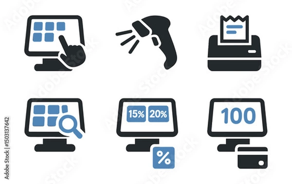 Obraz Two-Color vector icons of point-of-sale systems: touch interface, barcode scanner, receipt printer, product lookup. Tip selection, total amount icon, tax calculation, split payment.
