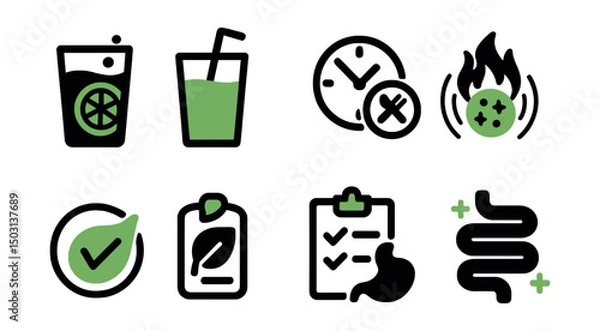 Obraz Two-Color vector icons of detox and recovery: detox water, green juice, fasting window, inflammation icon. Toxin-free label, cleanse plan, digestion icon, gut health.