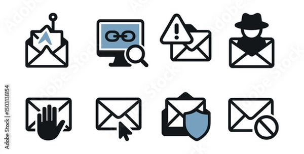 Obraz Two-Color vector icons of phishing prevention: fake email icon, link scanner, fraud alert, impersonation icon. Don’t click warning, hover check, email shield, no reply icon.