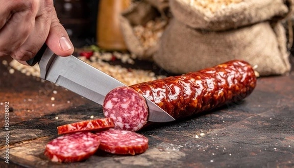 Fototapeta Rustic Sausage Slicing with Grains and Chili Peppers