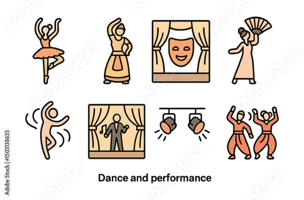 Obraz Outline with Fill style icons of dance and performance: ballerina pose, traditional dancer, mask on stage, fan dance, rhythm motion, musical theater, stage lights, cultural choreography.