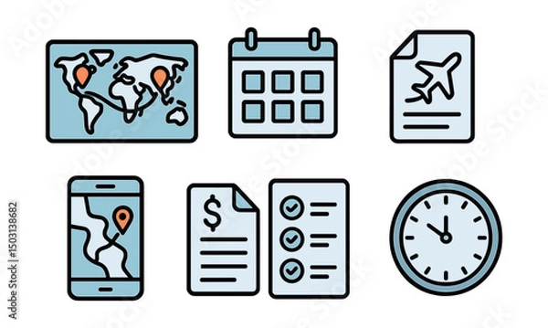 Obraz Outline with Fill vector icons of travel planning: world map, route marker, calendar, itinerary page, travel budget sheet, checklist icon, phone with map, time zone clock.