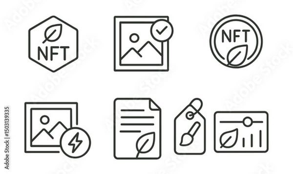 Obraz Line style icons of NFT galleries: eco-friendly NFT badge, carbon-neutral collection label, sustainable mint certificate, low-energy artwork token, green mint contract, ecological artist tag, clean
