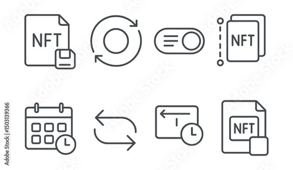 Obraz Line style icons of NFT crafting: NFT draft save icon, version control badge, metadata autosave toggle, preview history timeline, last edit timestamp, undo/redo arrows, restore previous version,
