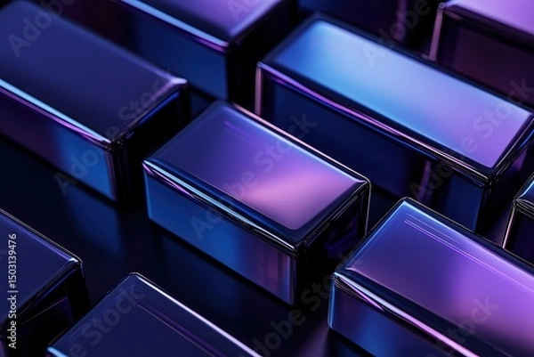 Fototapeta A collection of reflective rectangular blocks glows with vibrant purple and blue tones