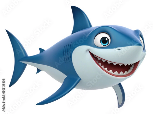 Fototapeta Happy Cartoon Shark 3D Render Blue Smiling Ocean Animal Marine Life Underwater Friendly Cute