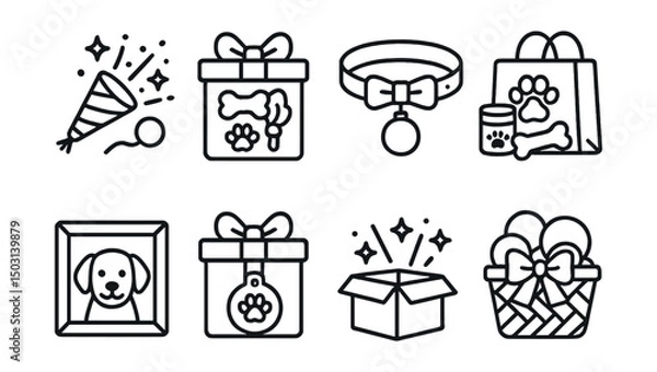 Obraz Line style icons of pet accessories: celebration toy set, gift box with treats, holiday-themed collar, new pet welcome pack, pet photo frame, custom tag gift, surprise box, toy basket with bow.