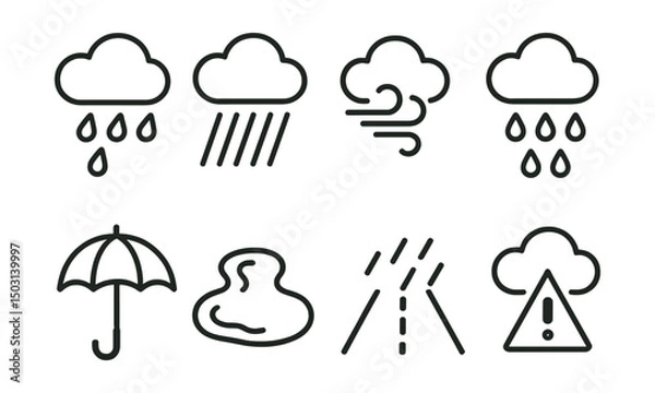 Obraz Line style icons of rainy weather: light rain, heavy rain, rain with wind, drops from cloud, umbrella icon, puddle, wet road, rain alert.