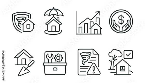 Obraz Line style icons of extreme weather: disaster insurance icon, home protection plan, damage assessment chart, recovery fund badge, rebuilding support symbol, climate resilience toolkit, risk analysis