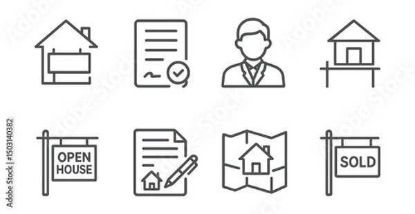 Fototapeta Line style icons of rental and real estate: house for rent, lease document, real estate agent icon, home listing board, open house sign, rental contract, property map, sold sign.