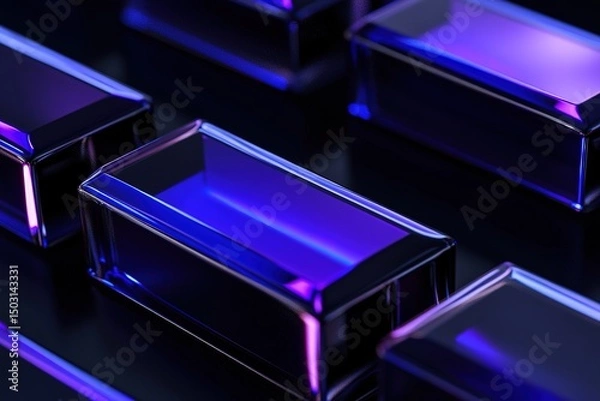 Fototapeta Symmetrically arranged crystal blocks display striking violet and dark blue illumination against dark background