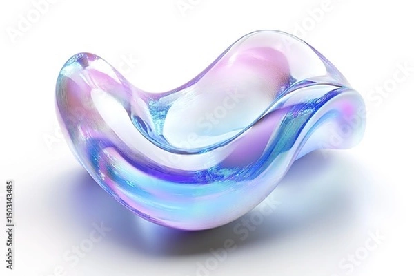 Fototapeta Transparent textured abstract sculpture with fluid lines displays colorful iridescent reflections on a white surface