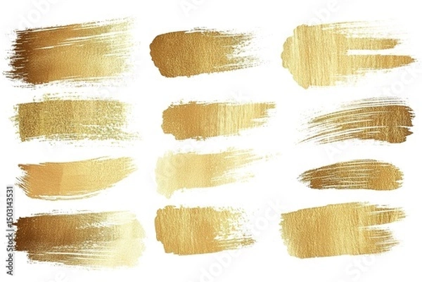Fototapeta Twelve strokes of shimmering gold paint form horizontal brushstrokes on a white canvas