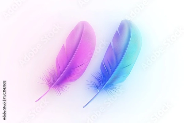 Fototapeta Two vividly colored bird feathers gently rest against a bright white gradient background