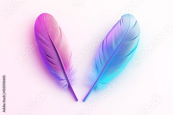 Fototapeta Two vibrant neon feathers face inward, creating a serene and symmetrical arrangement
