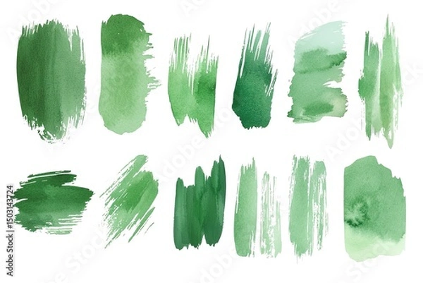 Fototapeta Various shades of green watercolor brush strokes create unique textured shapes on transparent background